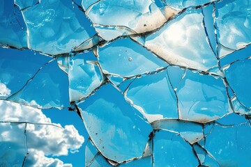 Cracked transparent glass texture with blue sky cloud background. ai generative