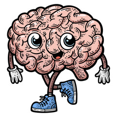 cartoon brain walking color line art sketch engraving PNG illustration. T-shirt apparel print design. Scratch board imitation. Black and white hand drawn image.