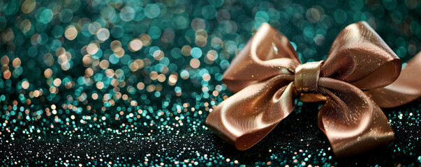 A luxurious bronze ribbon bow on a dark green glitter background. The rich colors and shimmering backdrop create an opulent and elegant look.