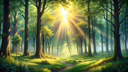 Sun rays filtering through a green forest.