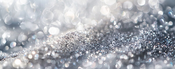 Fototapeta premium A macro shot of silver and white glitter with selective focus, emphasizing the sharp, sparkling particles in the foreground while the background blurs into a soft, snowy haze.