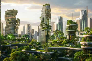 Obraz premium ESG City Environment Social and Governance Greenery City, Futuristic, Eco friendly Sustainable skyscrapers, Urban Environment Concept