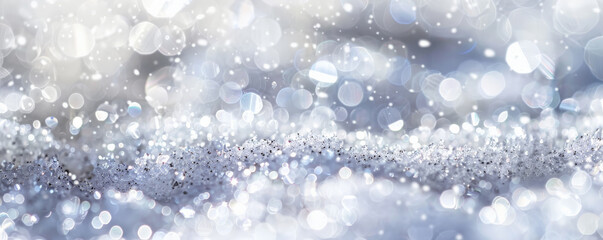 A macro shot of white glitter with selective focus, emphasizing the sharp, sparkling particles in the foreground while the background fades into a soft, snowy blur.