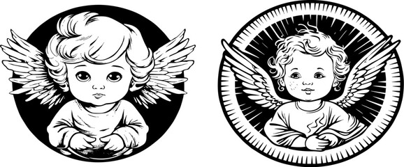 Vintage Vector Set of Cupid and Baby Angel Sketch for Antique Logo Design.