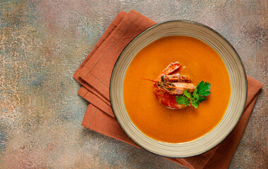 shrimp cream soup, bisque soup, French cuisine, homemade, no people,