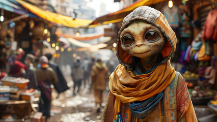 A happy alien exploring a bustling market on Earth