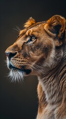 Fototapeta premium Portrait of a lioness looking to the side with intense gaze, dark background
