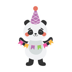 Cute panda with carnival garland with flags, wearing party hat. Birthday greetings. Vector illustration
