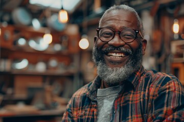 Fototapeta premium African American furniture maker sketching designs in a bright workshop, Joyful man with full grey beard, red glasses, in flannel shirt, exudes cheerfulness in a workshop setting.