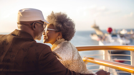 Mature african american couple on cruise ship enjoying the ocean view, copy space