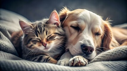 A dog and a cat sleeping hugging each other made with Ai generative technology