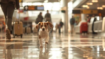 Playful Treeing Walker Coonhound Puppy Running in Busy Airport Terminal