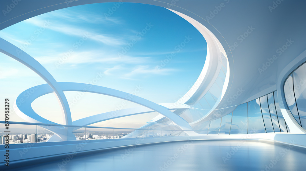 Poster Abstract architecture scene with smooth curves. Abstract background with futuristic building in white and blue colors.
