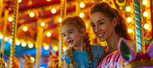 Fototapeta premium Mother and Child Enjoying Carousel Ride at Festive Amusement Park