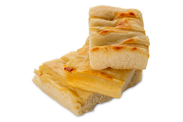 .Focaccia with melted cheese on top, flatbread slices with cheese stacked and isolated