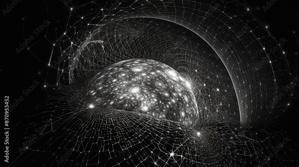Aufkleber Abstract dark background with light fractal ornament of moody web and particles.