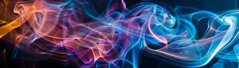 Obraz premium Abstract smoke swirls in various colors, close up, ephemeral beauty, whimsical, composite, dark studio backdrop