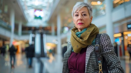 Fototapeta premium Elegant Mature Woman in Cozy Winter Attire with Green Scarf Browsing Festive Market Stalls Indoors, Warm Lighting Reflecting Calm and Content Expression