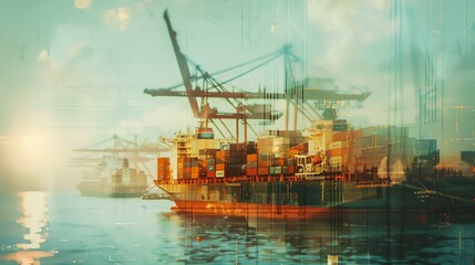 Naklejka premium Cargo ship navigating through a bustling port, selective focus, maritime commerce, realistic, double exposure, harbor backdrop