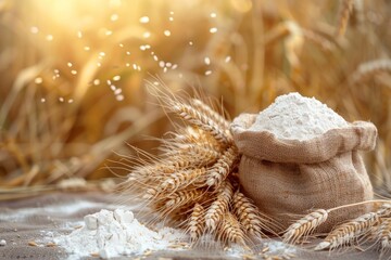Ears of wheat and flour in bag on table on field background. ai generative