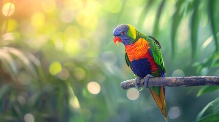 Colorful parrot perched on a branch, focus on, tropical beauty, vibrant, overlay, rainforest backdrop