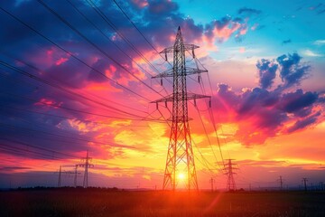 Electric Power Lines at Sunset. Energy Infrastructure. ai generative