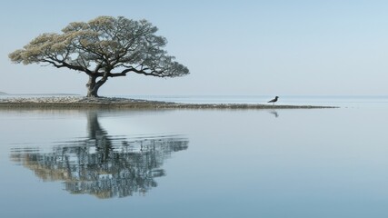 Lonely tree reflected in a calm lake with a seagull