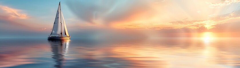 Fototapeta premium Sailing boat gliding over calm waters, selective focus, serene voyage, ethereal, overlay, sunset sea backdrop