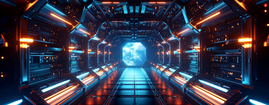 3d render window in futuristic spaceship corridor, leading to the entrance of an advanced space station or spaceship. Window view of space and planets from a space station