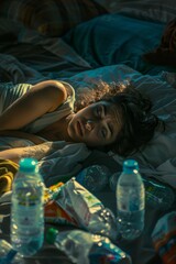 Fototapeta premium Young Woman with Hangover Lying in Bed Surrounded by Snack Wrappers and Water Bottles in Dimly Lit Room