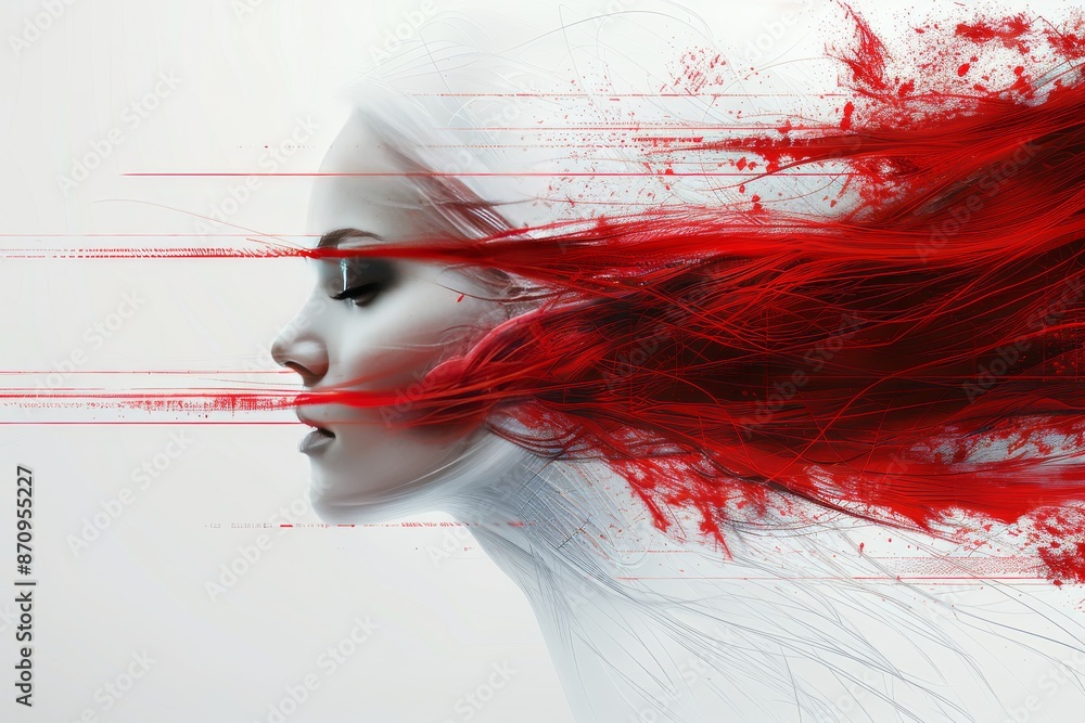 Poster abstract portrait with vibrant red brushstrokes creating a dynamic and expressive visual
