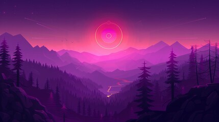 Mountain landscape with sunset. cartoon style. Colorful background