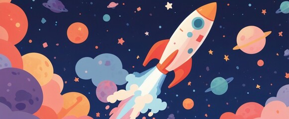 illustration rocket flying in the space 