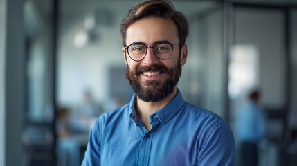 Portrait of happy man with beard in office. 