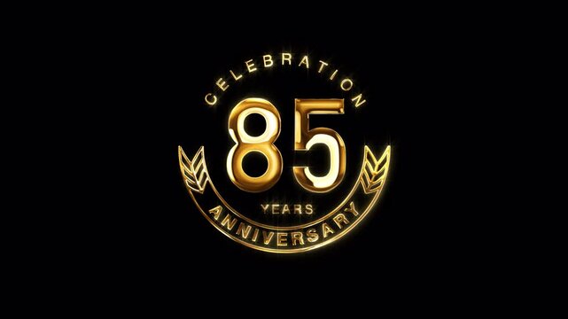 85th Golden Anniversary Celebration. Happy 85 Years Anniversary Animation in Gold Color on the Transparent Background, Alpha Channel. Great for greetings, celebrations, events, and gifts.
