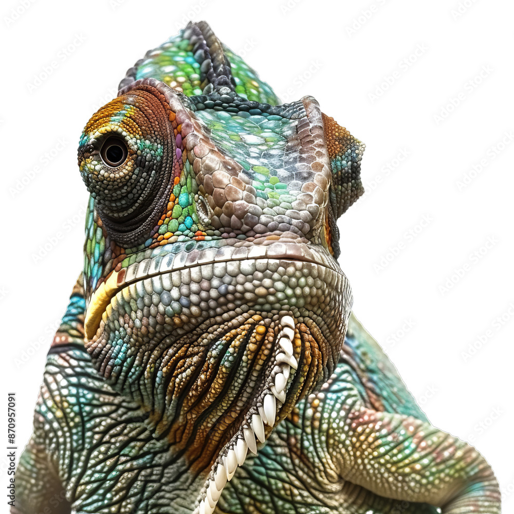 Poster vivid macro shot of a chameleon with textured scales, isolated on a transparent backdrop