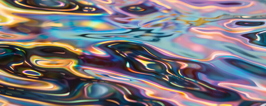 A mesmerizing backdrop featuring liquid metal in iridescent hues, flowing in smooth, wave-like patterns. The multicolored reflections and dynamic movement create a magical and otherworldly feel.