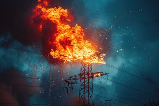 Explosion fire smoke and electrical short circuit on the networks of wires and transformer substation. ai generative