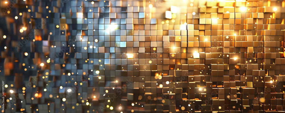 Poster a metallic mosaic pixel background with shades of gold, silver, and bronze. the shimmering pixels cr