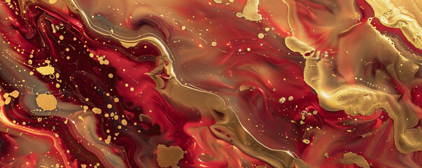 A mesmerizing pattern of liquid acrylic paint in shades of red and gold, creating a rich, flowing texture. The warm and metallic colors blend seamlessly, adding a touch of luxury.