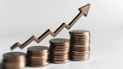 neatly stacked coins with an upward-pointing arrow, symbolizing financial growth 