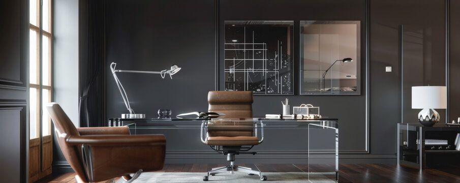 A modern home office with a glass desk and ergonomic chair, positioned against a dark gray wall. The dark background adds a touch of elegance and professionalism to the space.