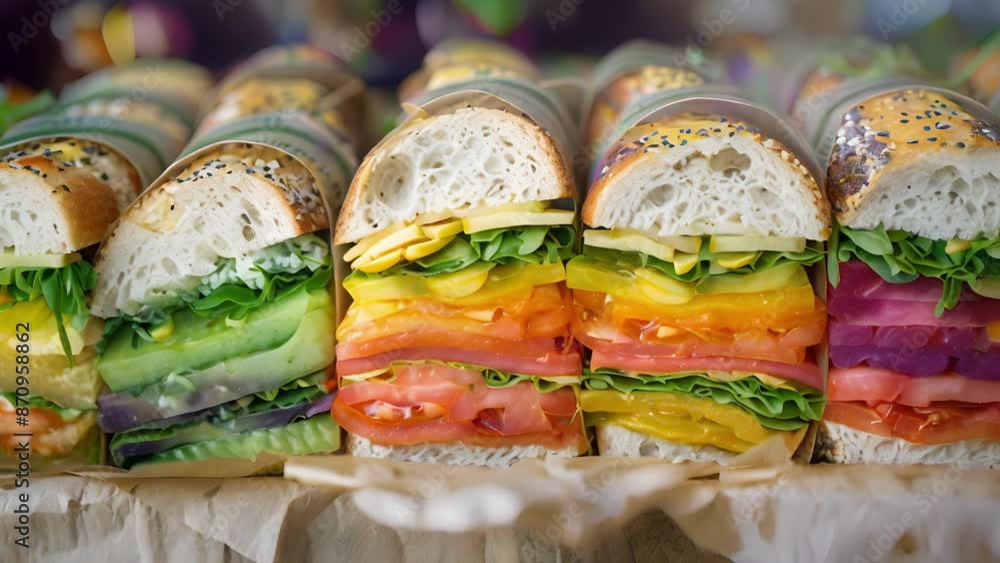 Poster a colorful array of sandwiches made with organic ingredients and wrapped in compostable paper stacke