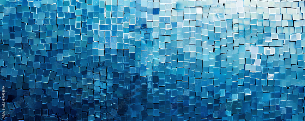 Poster a monochromatic mosaic pixel background in varying shades of blue. the subtle changes in color and p