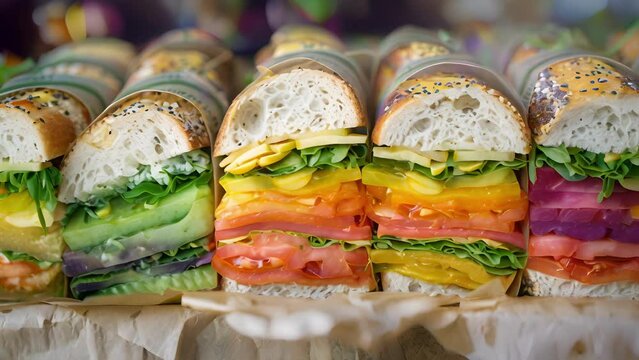 A colorful array of sandwiches made with organic ingredients and wrapped in compostable paper stacked in a basket.