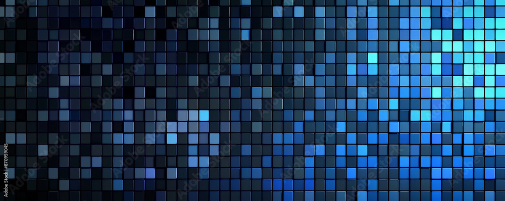 Poster a mosaic pixel background with a gradient from black to blue. the smooth transition and pixelated de