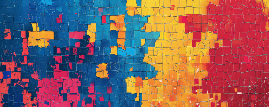 A mosaic pixel background with a combination of bright primary colors like red, blue, and yellow. The bold and vibrant pixels create a playful and energetic design.