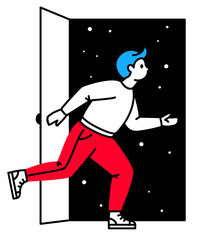 Man runs out the door into outer space
