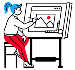 Girl sitting on a high stool draws an image on a drawing board