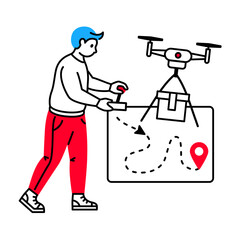 Man controls a drone that delivers a package to its destination